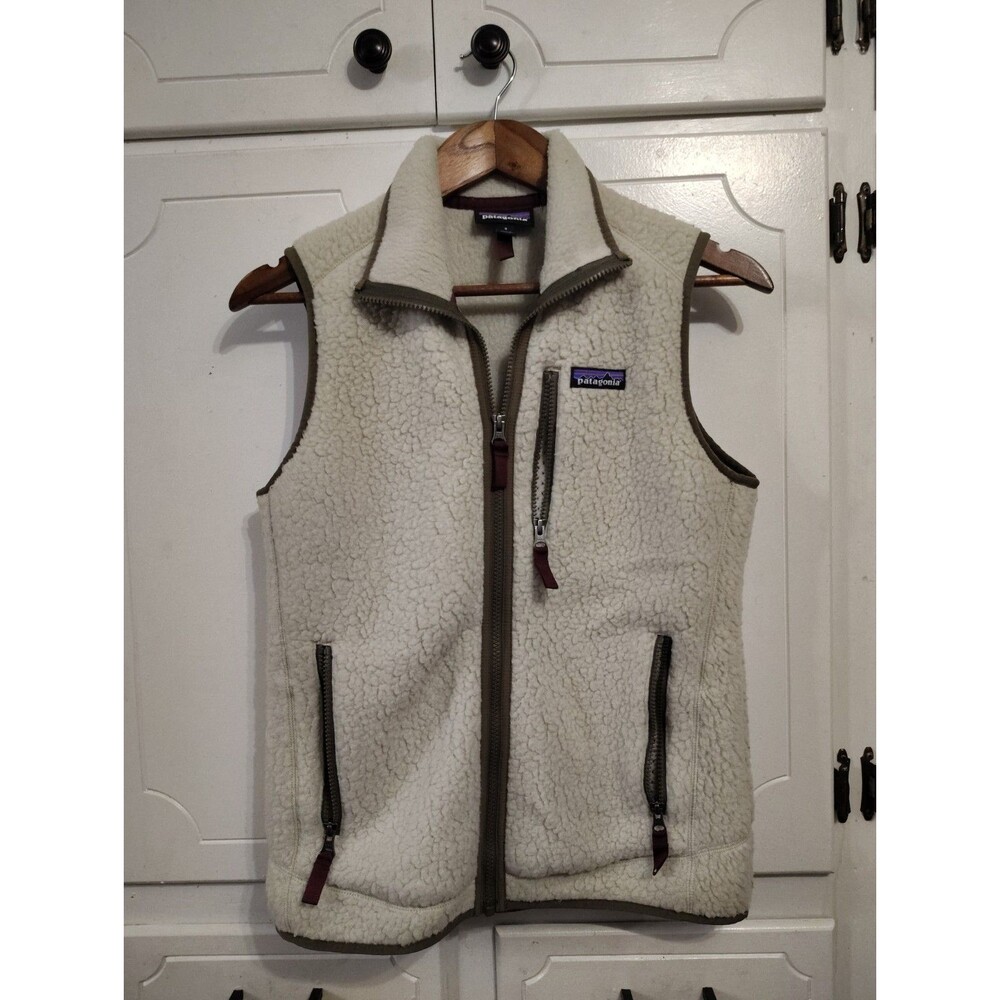 Patagonia Worn Wear Full Zip Cream Vest Brown Trim Women's Size Small